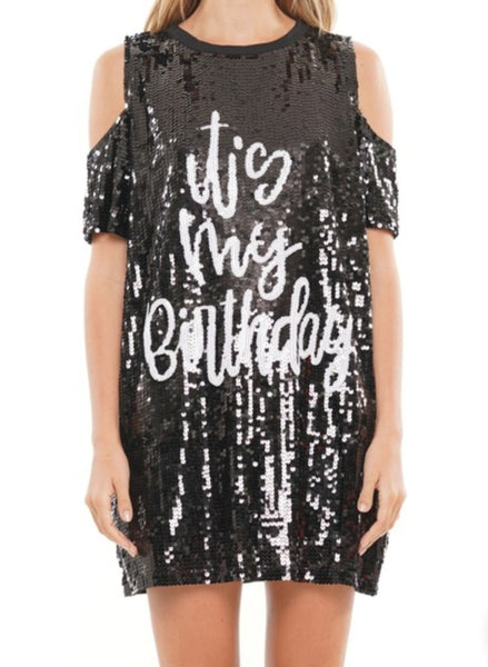 Birthday sequin dress with cold shoulder (sequin in front only) Fleur de Kim Birthday sequin dress with cold shoulder (sequin in front only) Fleur de Kim