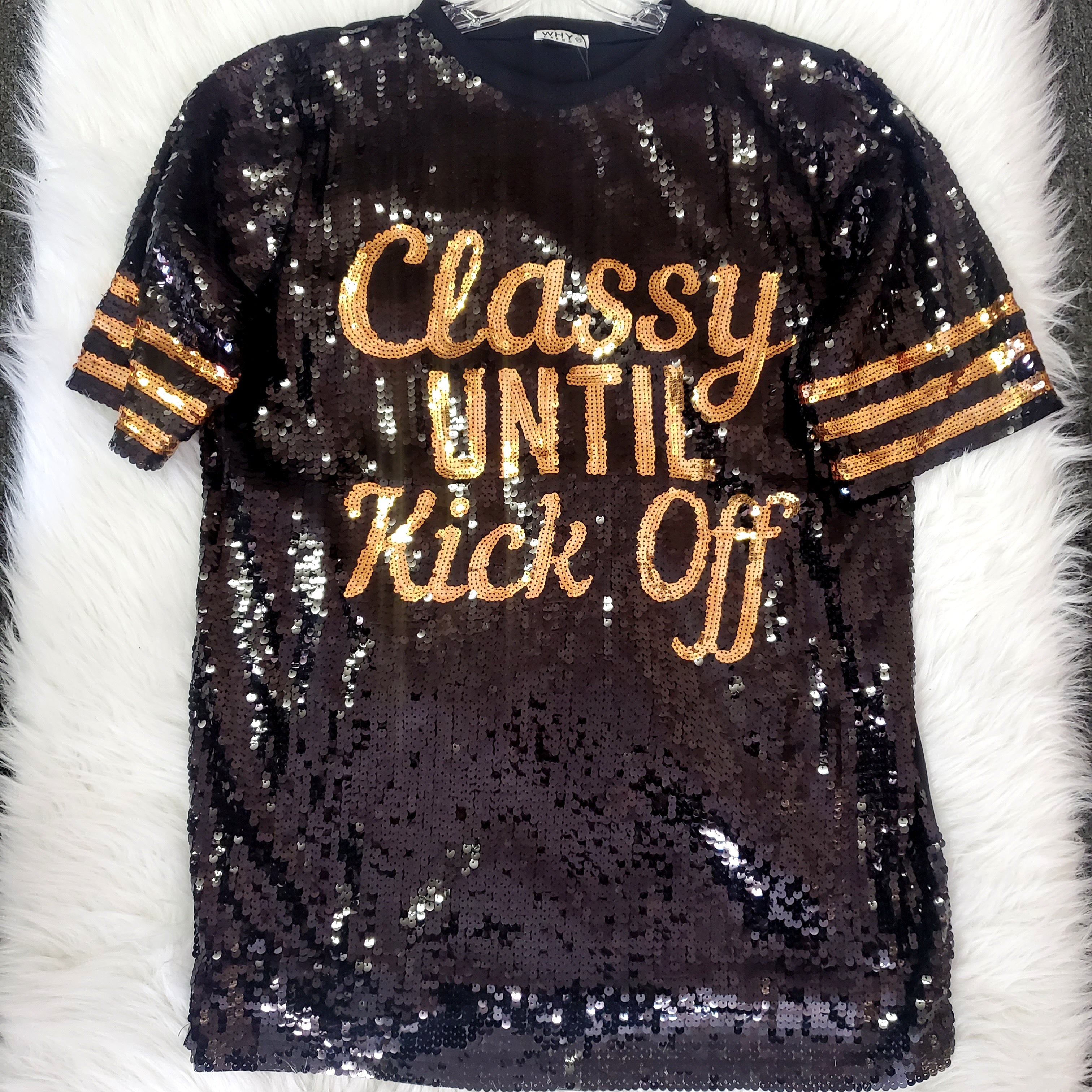 *restocks soon * Black n gold sequin dress Classy Until Kickoff (sequin front only)
