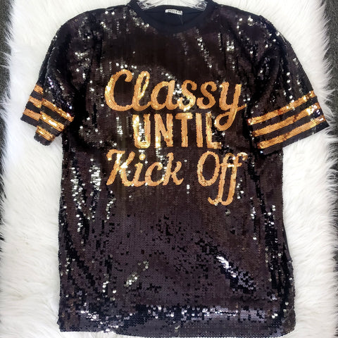 Black n gold sequin dress Classy Until Kickoff (sequin front only)
