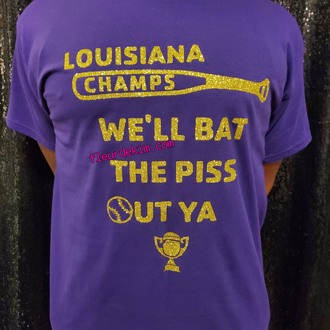 **special buy*  Louisiana Champs bat tshirt purple with yellow/gold glitter