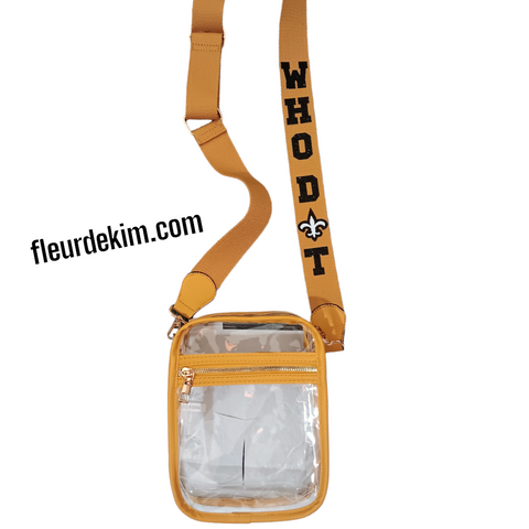 "WHO D⚜️T"  medium clear crossbody bag mustard gold