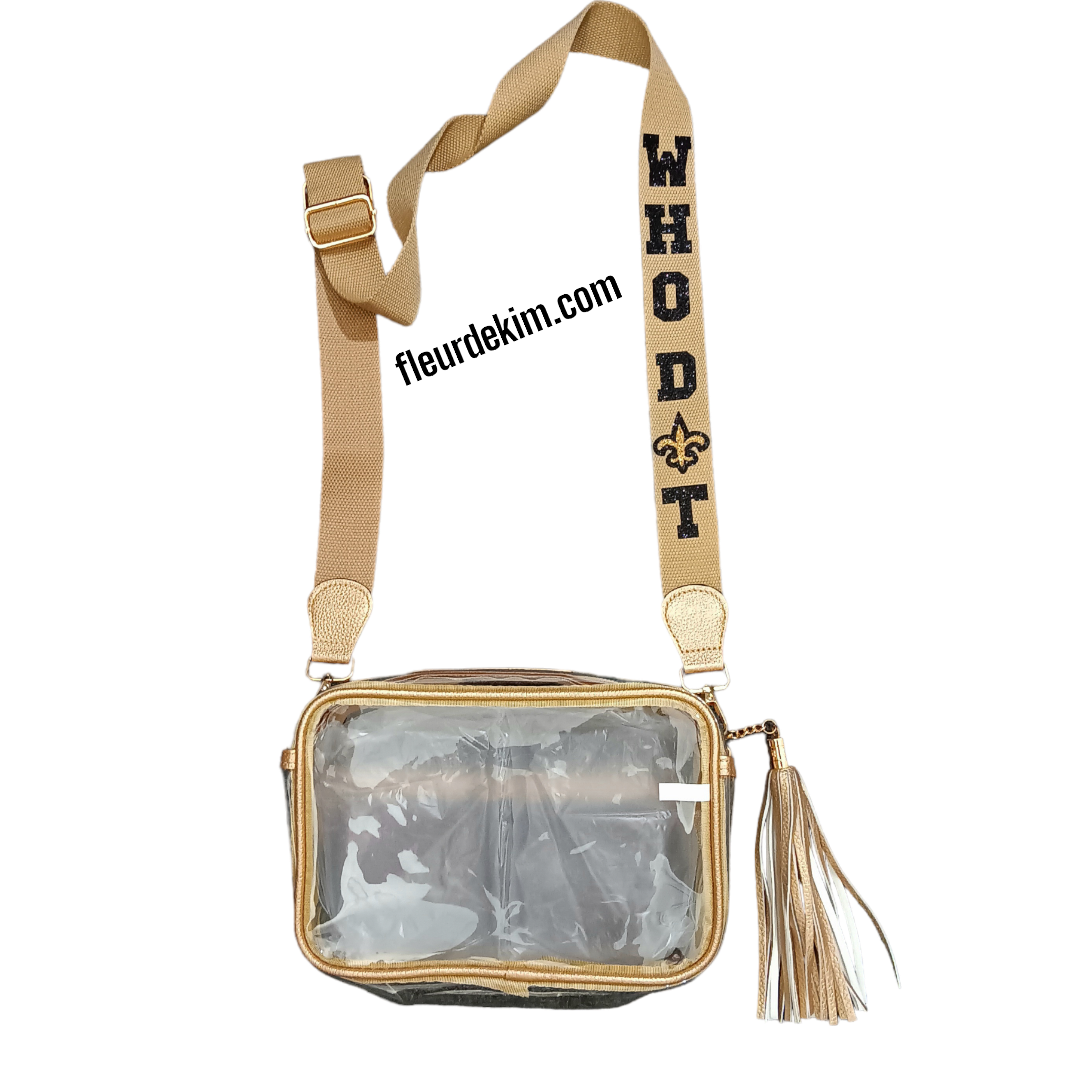 "WHO D⚜️T"  large rectangular  with tassle clear crossbody bag gold