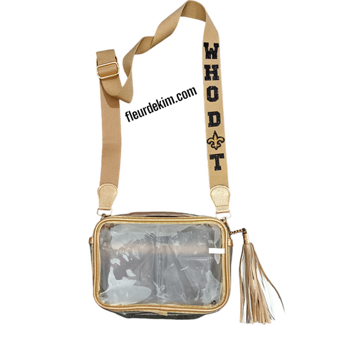 "WHO D⚜️T"  large rectangular  with tassle clear crossbody bag gold