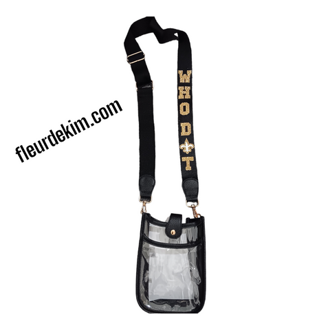 "Who D⚜️t" small clear/black crossbody bag with straps (no zippers)