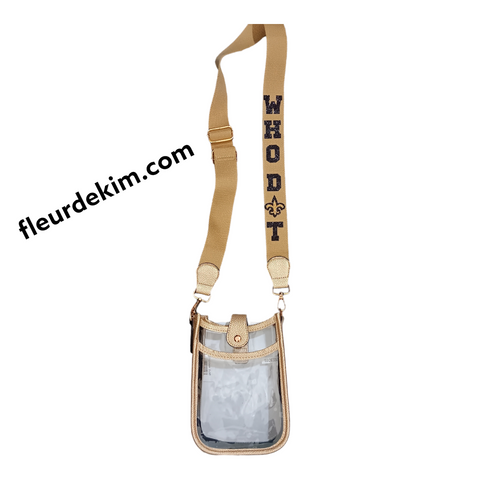 "Who D⚜️t" small clear/gold  crossbody bag with straps (no zippers)