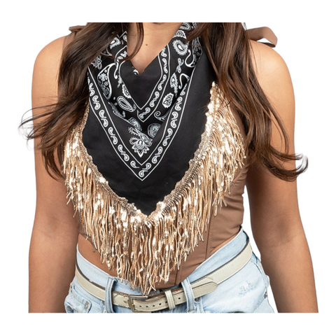 Gold seqin fringe  black bandana