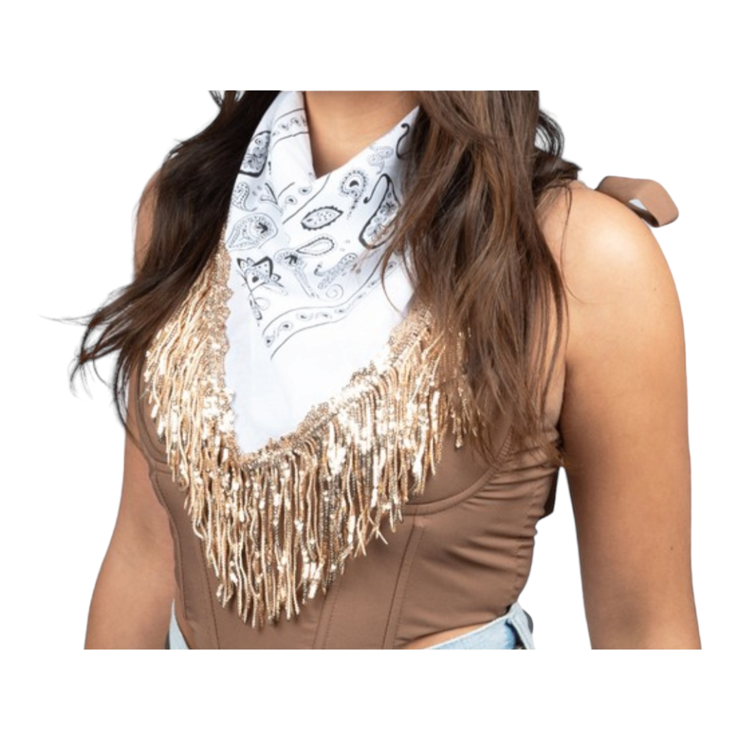 Gold seqin fringe  white bandana