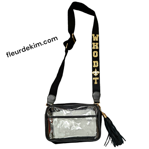 "WHO D⚜️T"  large rectangular  with tassle clear crossbody bag black