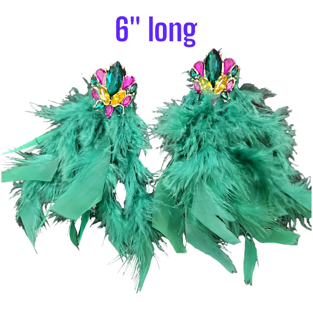 Big feather Mardi Gras earrings green