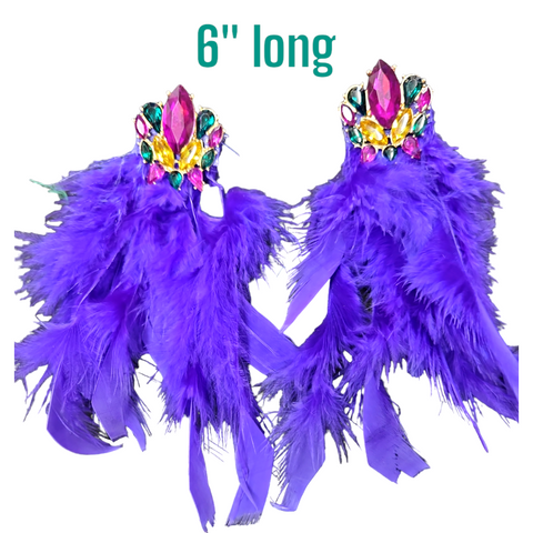 Big feather Mardi Gras earrings purple