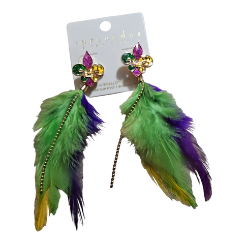 Feather fleur Mardi Gras earrings