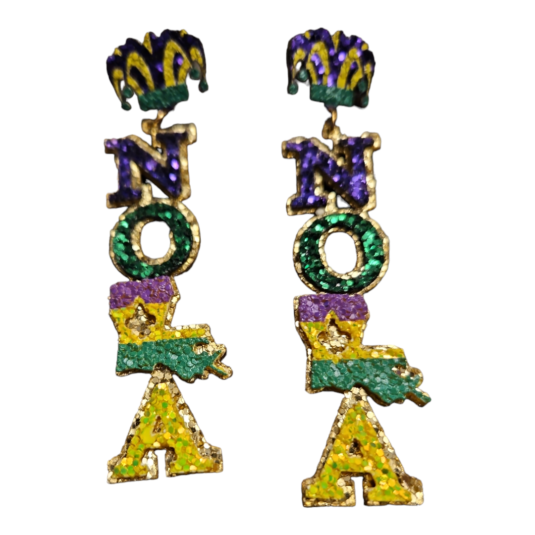 Glittery Nola Mardi Gras earrings