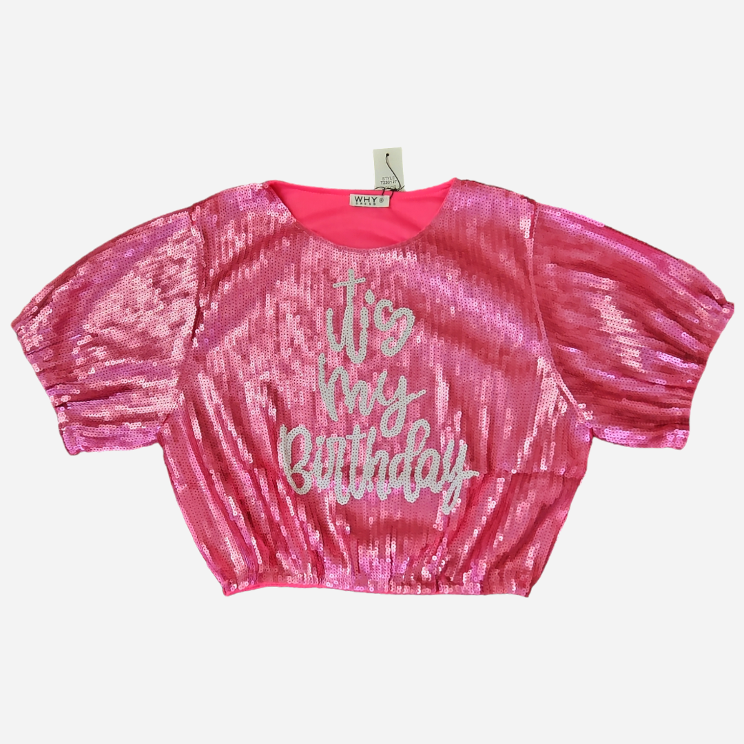 Sequin birthday crop PINK with elastic sleeves/waist (sequin front and back)