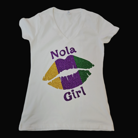 Nola Girl lips Mardi Gras(white tshirt)