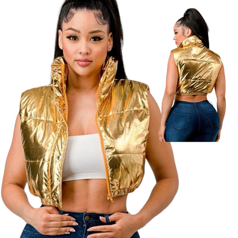 Metallic cropped puff vest gold