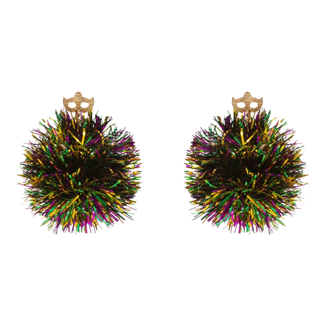 Mardi Gras tinsel pom earrings