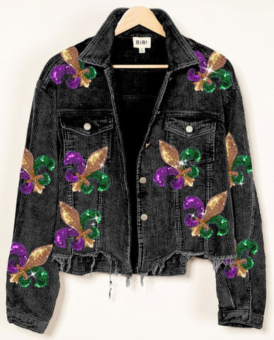 Charcoal Black corduroy Mardi Gras jacket with sequin patches