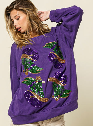 Sequin Mardi Gras boots sweatshirt