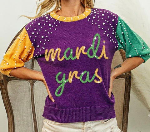 Mardi Gras sweater with pearls (runs big)