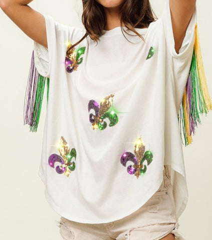Oversized vintage off white fringe Mardi Gras shirt