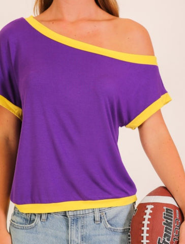 Off shoulder top purple gold