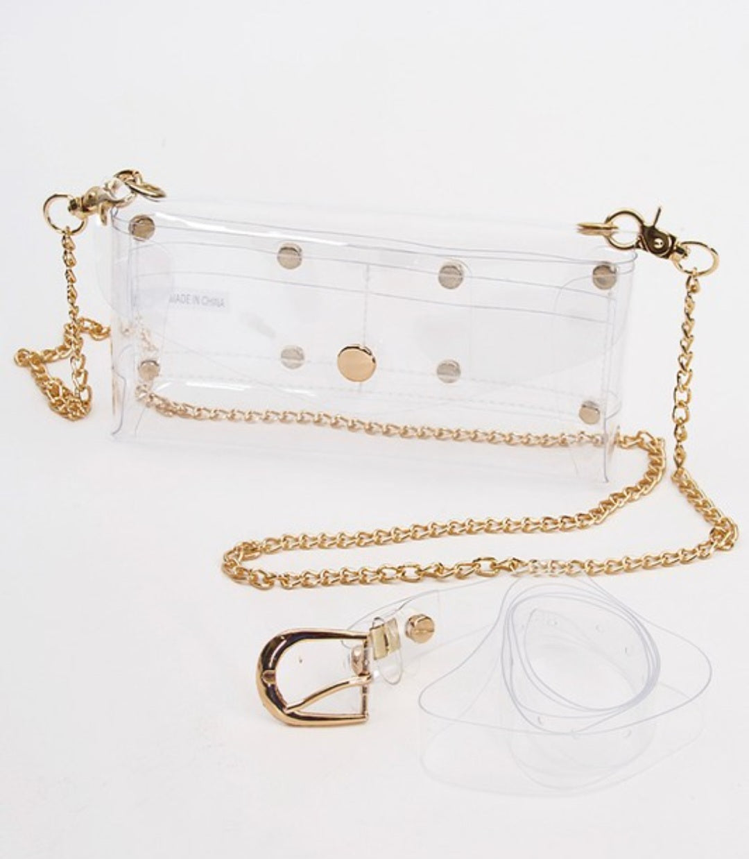 Clear bag with gold strap (also has fannnypack strap)