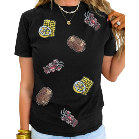 Sequin patch crawfish boil shirt (black)