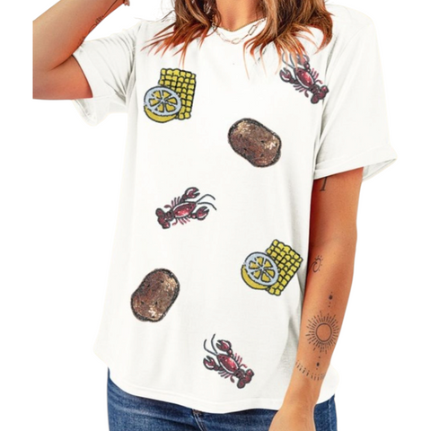 Sequin patch crawfish boil shirt (white)