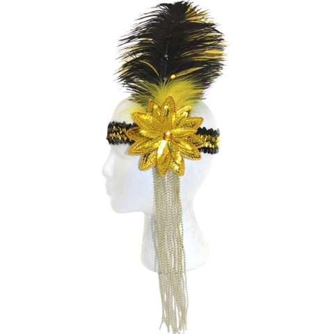 Large Black n gold sequin headband with feathers
