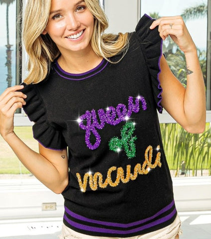 Mardi Gras ruffled sleeveless sweater