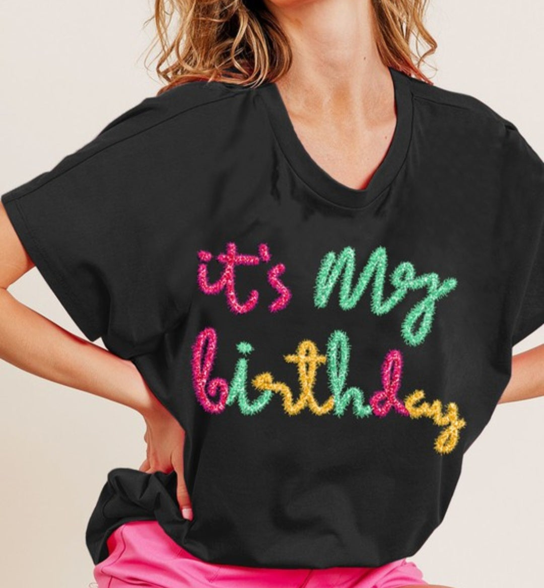 It's my birthday metallic dolman top (oversized) black