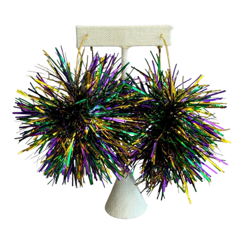 Mardi Gras tinsel pom hoop earrings