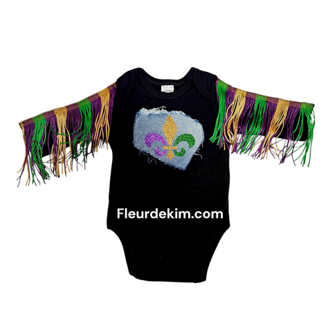 Denim patch/fringe baby bodysuit