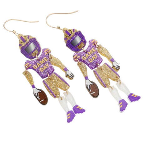 Football player game day acrylic earrings (purple)