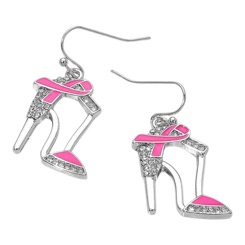 Pink ribbon shoe earrings