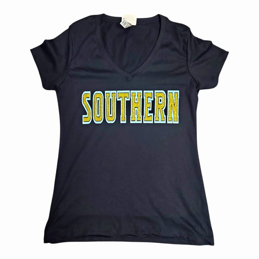 Southern (sparkly blue/yellow gold) black tshirt