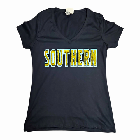 Southern (sparkly blue/yellow gold) black tshirt