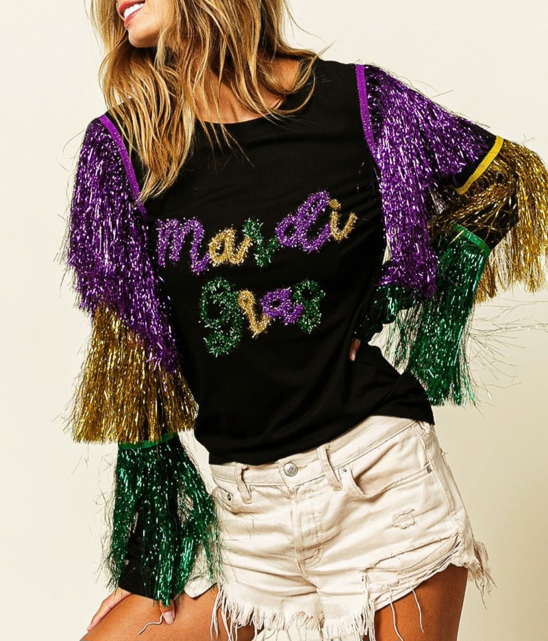 Mardi gras tinsel sleeve shirt