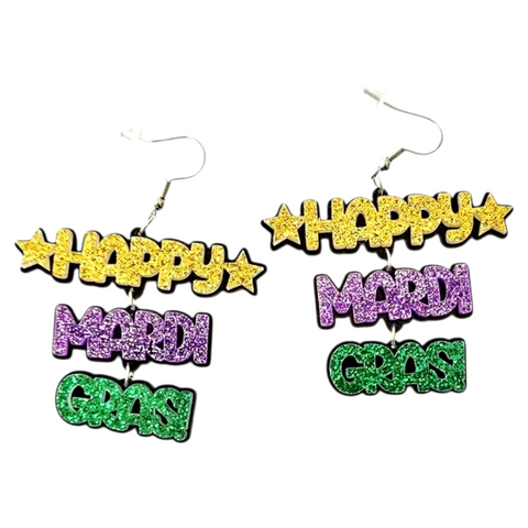 Glittery acrylic Mardi Gras earrings