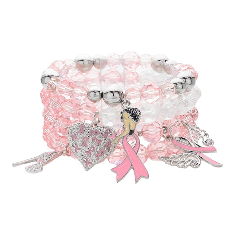 Pink ribbon stack charm bracelets