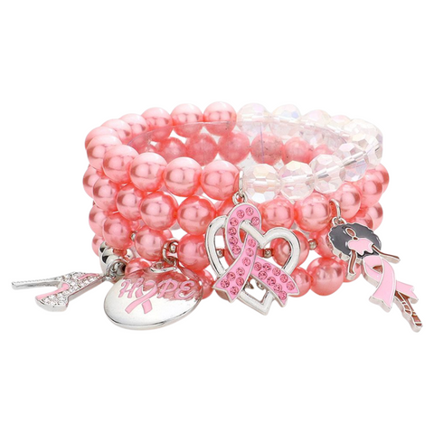 Pink ribbon stack charm bracelets