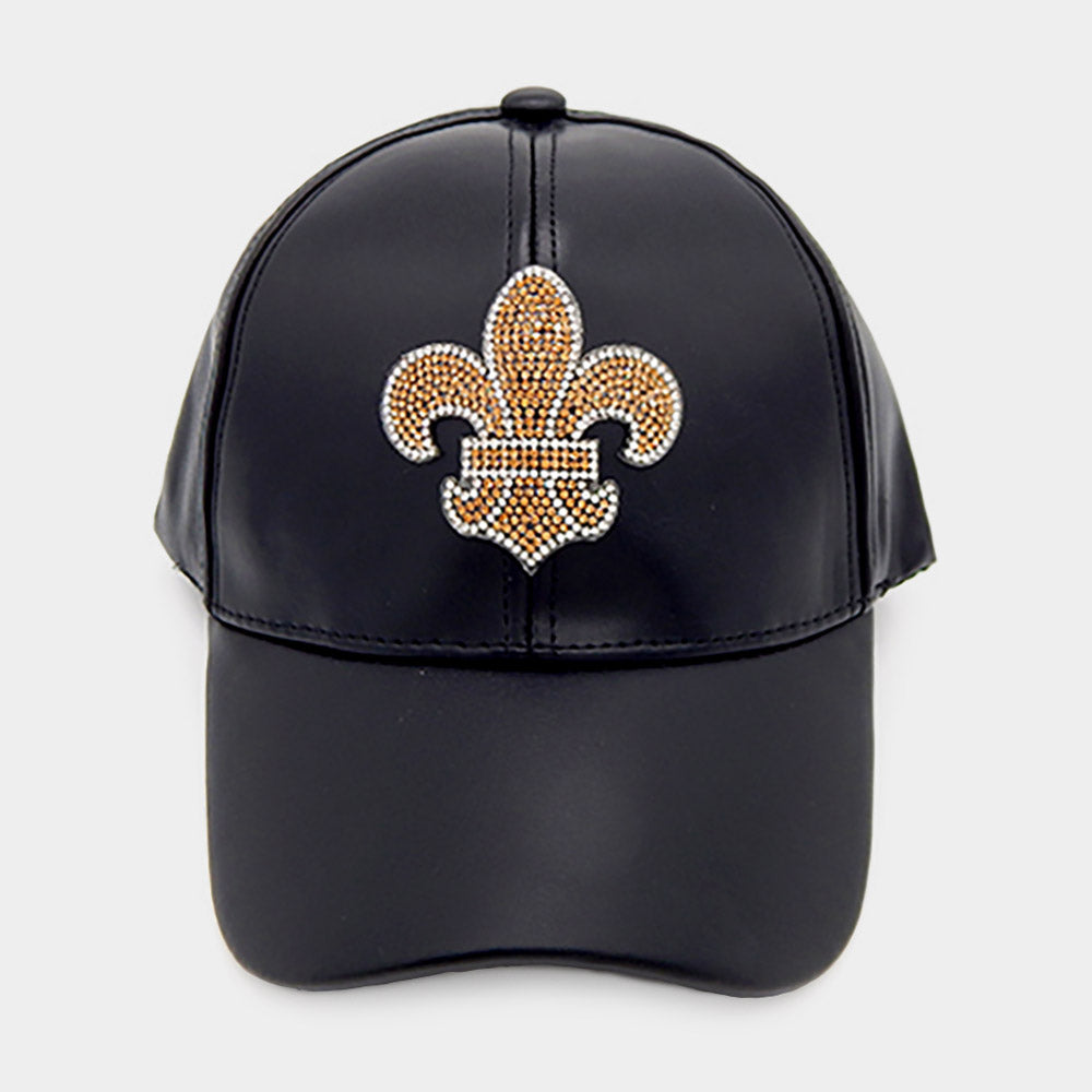 Bling fleur de lis faux leather cap