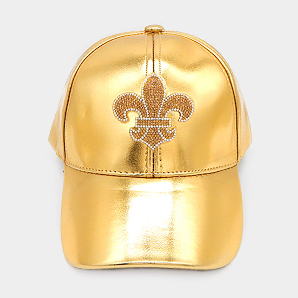 Bling fleur de lis faux leather  cap gold