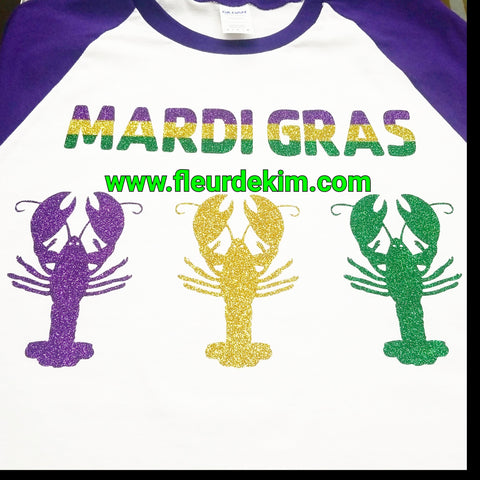 Crawfish Mardi Gras sparkly shirt 3/4 sleeves