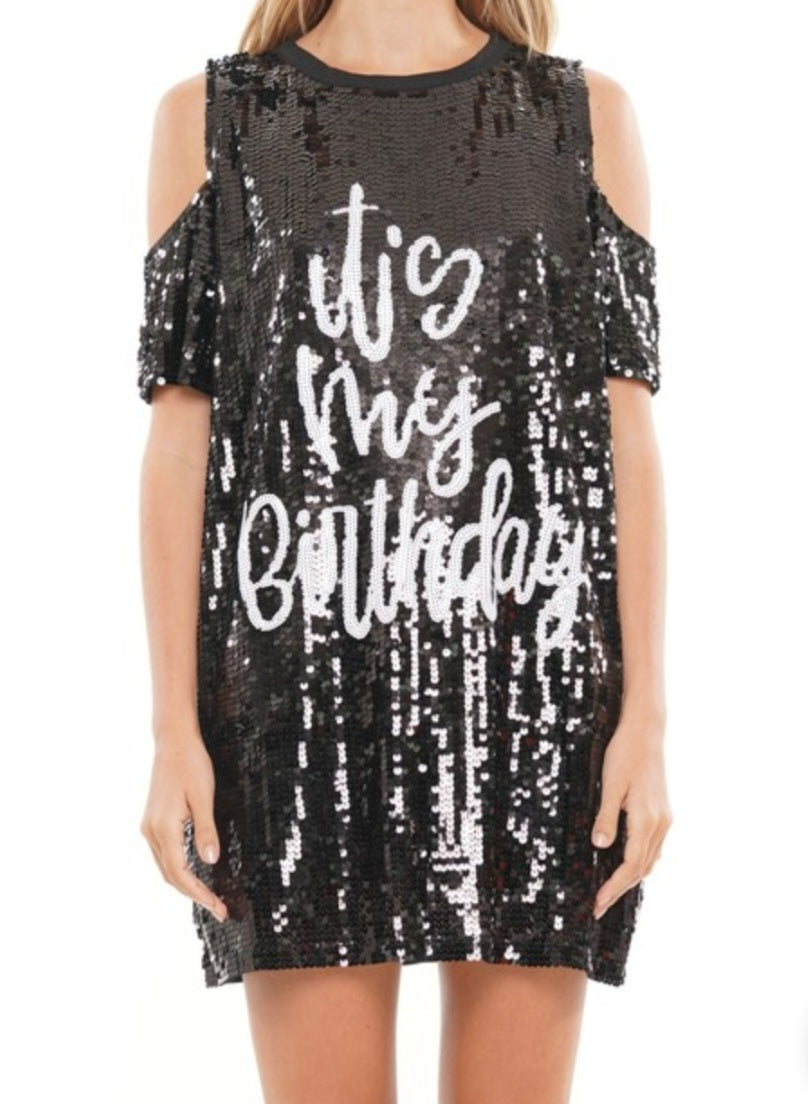 Birthday sequin dress with cold shoulder (sequin in front only)